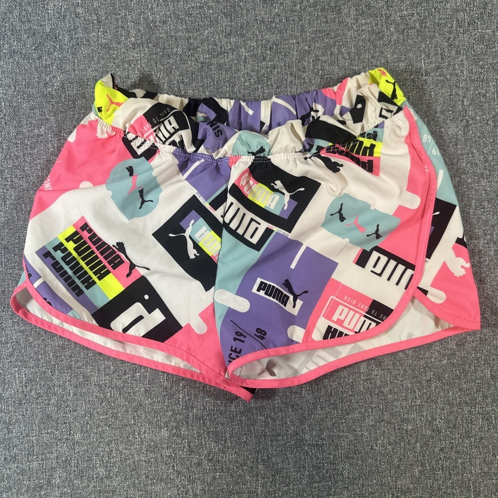 Puma Girls Running Shorts Youth Large 10/12 Multicolor Logo Athletic Lined